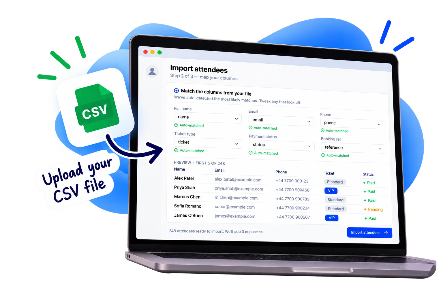 Conference attendee CSV import on a laptop with automatically matched guest list columns.
