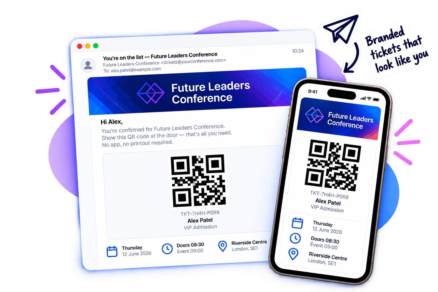 Branded conference QR ticket displayed in an email and on a mobile phone.