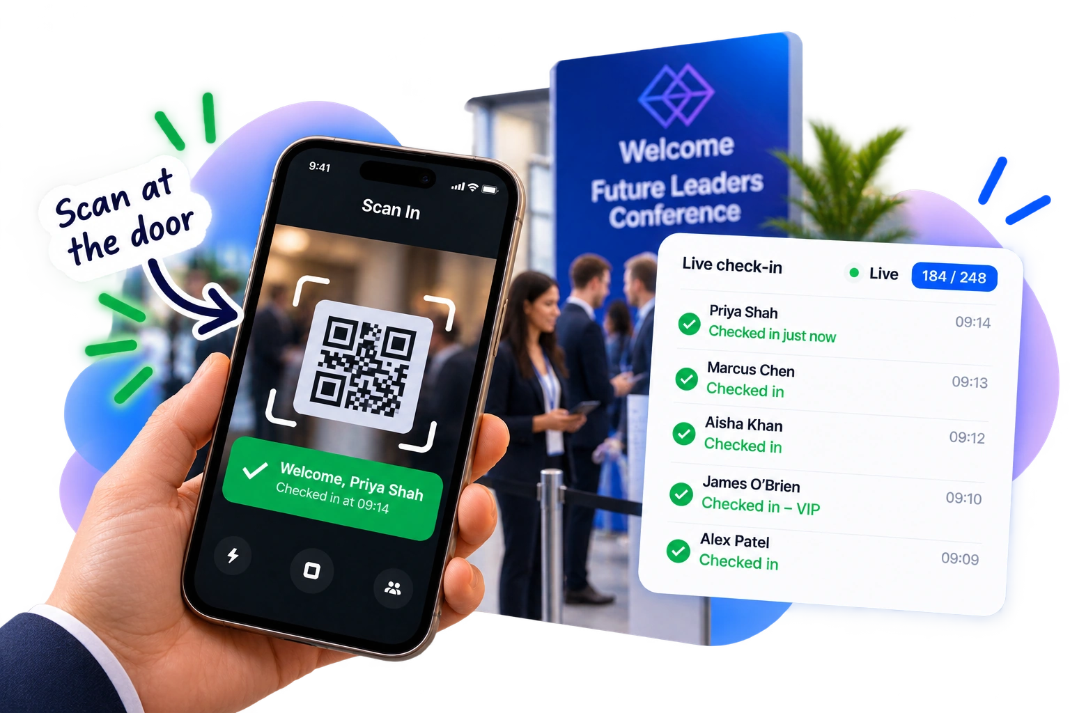 Conference delegates checking in with QR tickets using a phone scanner and live arrivals list.